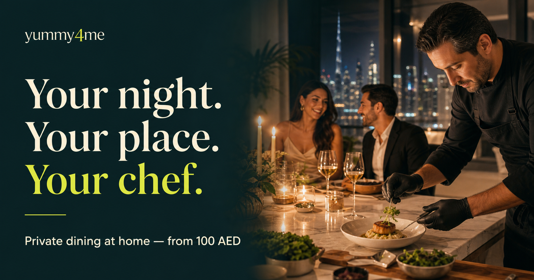 A private chef plating dinner at home in Dubai